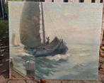~1930 Zeilende bootje bij haven, olieverf/doek, gesigneerd, Ophalen of Verzenden
