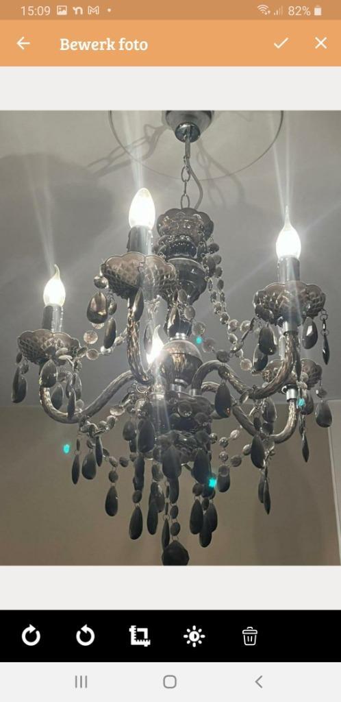 Plafondlamp kroonluchter, van glas en kunststof., Huis en Inrichting, Lampen | Kroonluchters, Gebruikt, Glas, Kunststof, Metaal