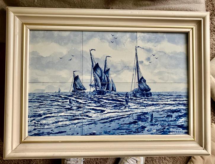 Delfts Blauw Tegeltableau - Strand met Boten, Mesdag, Antiek en Kunst, Antiek | Wandborden en Tegels, Ophalen