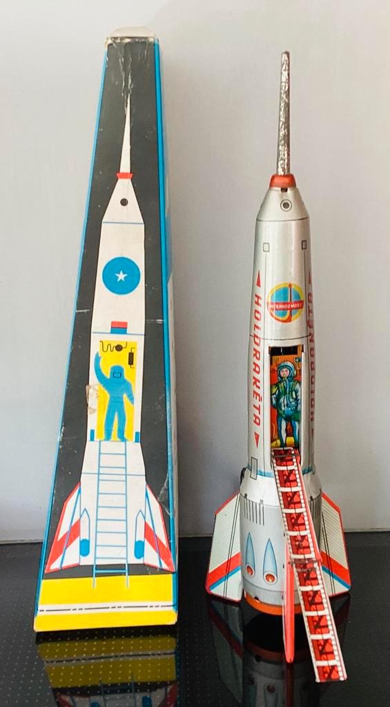Vintage zeldzame blikken Elzett Müvek Space Moon Rocket OVP, Antiek en Kunst, Antiek | Speelgoed, Ophalen