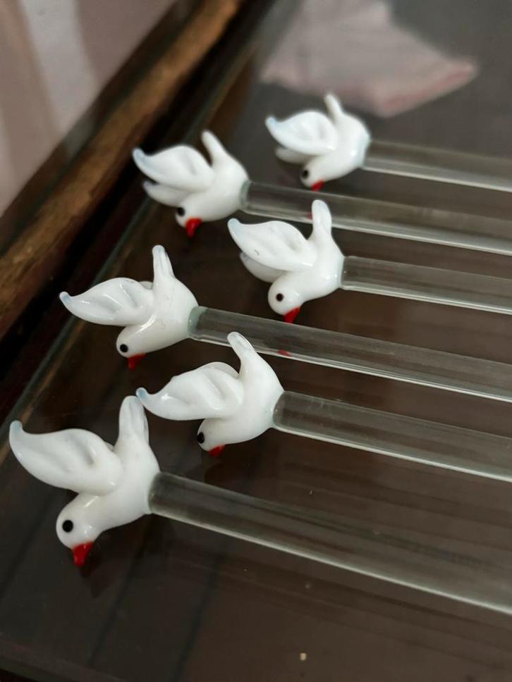 Glazen Roerstaafjes met Duiven - Set van 6, Antiek en Kunst, Antiek | Glas en Kristal, Ophalen of Verzenden