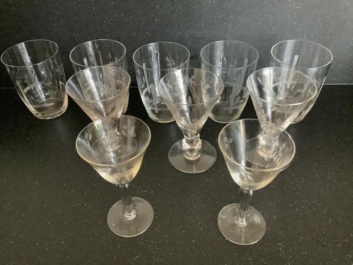 Oude vintage retro glazen drinkglazen geëtst/ gegraveerd, Verzamelen, Glas en Borrelglaasjes, Ophalen of Verzenden