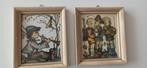 2 oude schilderijtjes 13x15cm met glas, Antiek en Kunst, Kunst | Tekeningen en Foto's, Ophalen of Verzenden