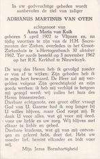 Oyen Adrianus 1902 Vlijmen 1962 Den Bosch, Ophalen of Verzenden, Bidprentje