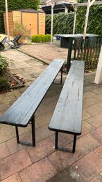 Twee biertafel bankjes vintage blauw, donker, Ophalen of Verzenden, Gebruikt, Rechthoekig, Hout