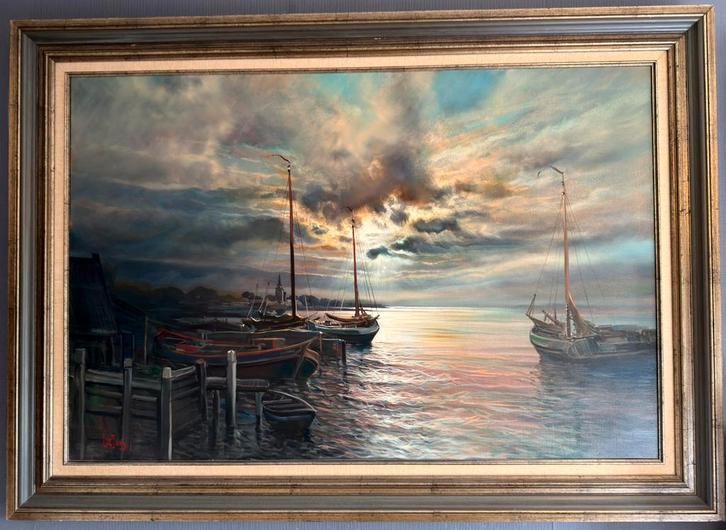 Groot Olieverfschilderij op Linnen Zeegezicht - L. de Jong, Antiek en Kunst, Kunst | Schilderijen | Klassiek, Ophalen of Verzenden