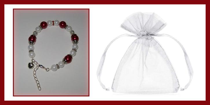 Handgemaakte armband parels zilverkleurige kraaltjes - Rood, Sieraden, Tassen en Uiterlijk, Armbanden, Nieuw, Overige materialen