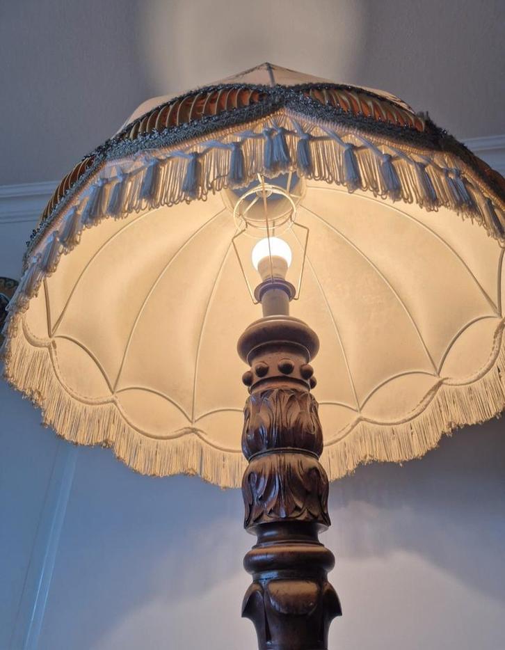 Vintage Eiken Schemerlamp met Kap, Huis en Inrichting, Lampen | Vloerlampen, Minder dan 100 cm, Hout, Stof, Ophalen