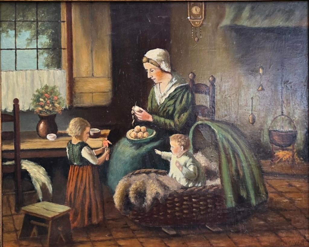 W. Meyer - Gezin in de keuken, Antiek en Kunst, Kunst | Schilderijen | Klassiek, Ophalen of Verzenden