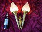 XXL Gouden dubbele Art-Deco / Empire lamp met vuurkelken, Ophalen of Verzenden, Nieuw, Glas, Art-Deco, Art-Nouveau, Empire, Rococo, Hollywood Regency