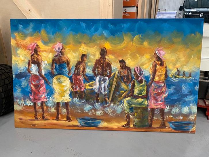 Klassiek Afrikaans Schilderij - Vissers aan de Kust, Antiek en Kunst, Kunst | Schilderijen | Klassiek, Ophalen of Verzenden