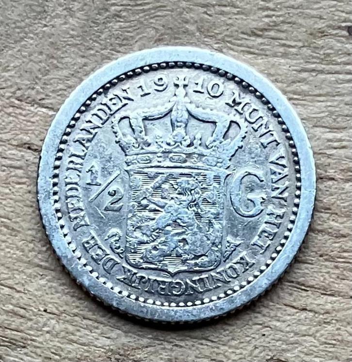halve gulden 1910 Wilhelmina, Postzegels en Munten, Munten | Nederland, Losse munt, ½ gulden, Koningin Wilhelmina, Zilver, Ophalen