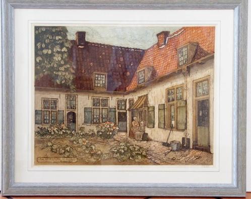 schilderij: Backeneshofje Haarlem. M.v.d. Stal, stadsgezicht, Huis en Inrichting, Woonaccessoires | Schilderijen, Tekeningen en Foto's