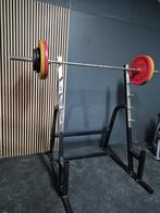 Squatrack + bankje + halterset 125kg, Ophalen, Zo goed als nieuw, Fitnessbank