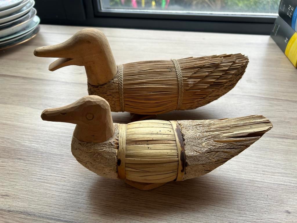 2 rieten houten vintage eenden, Ophalen of Verzenden