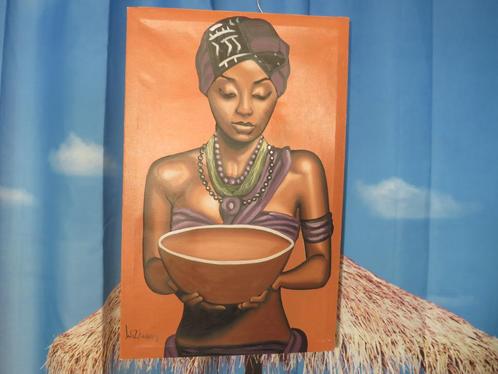 schilderij van wiz kohhey afrikaanse vrouw met kom, Huis en Inrichting, Woonaccessoires | Schilderijen, Tekeningen en Foto's, Schilderij