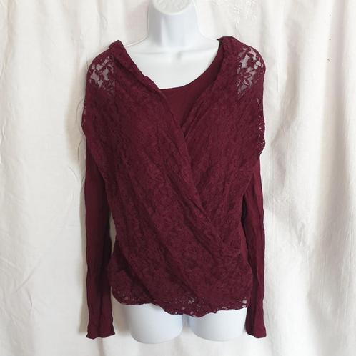 Gaar wijnrood shirt met kant. L Merk la Ligna, Kleding | Dames, T-shirts, Zo goed als nieuw, Maat 42/44 (L), Rood, Lange mouw