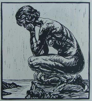 Karl Hänny (1879 -1972). Houtsnede 'Knielende vrouw' ~1910.  beschikbaar voor biedingen