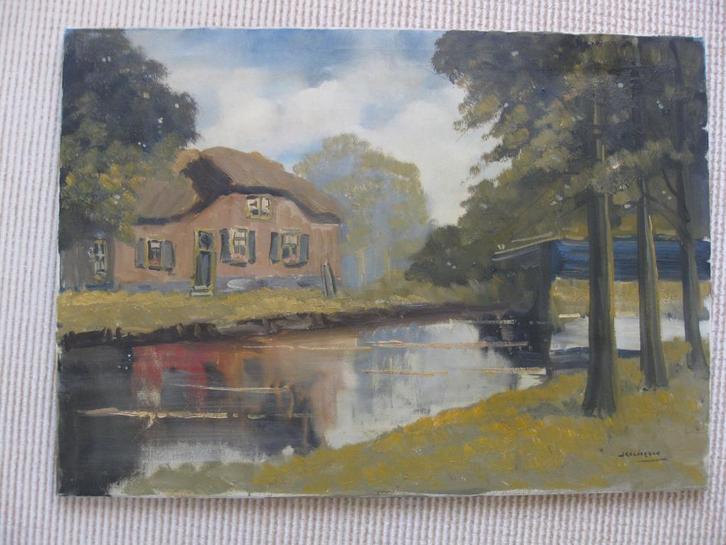J. Kelderman. Boerderij aan het water, olieverf op doek., Antiek en Kunst, Kunst | Schilderijen | Klassiek, Ophalen