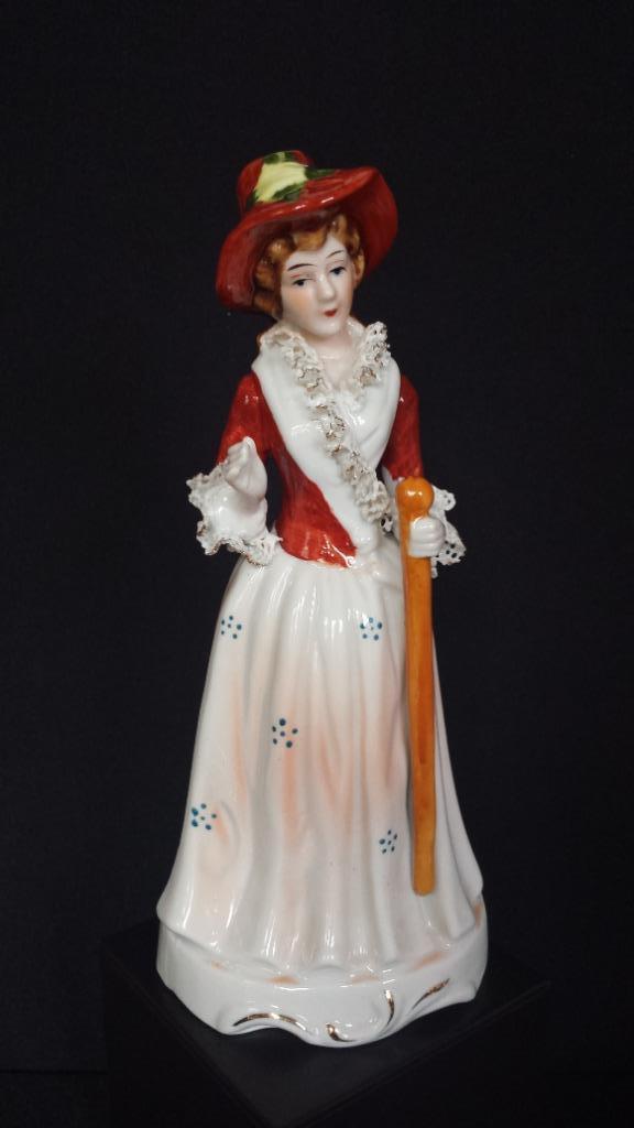 Porseleinen BEELDJE ~ Victoriaanse DAME met Stok ~ H 20 cm., Antiek en Kunst, Antiek | Porselein, Ophalen of Verzenden