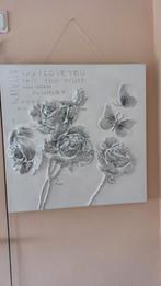 Schilderij met zilveren bloemen en leuke tekst 60 bij 60 cm, Ophalen