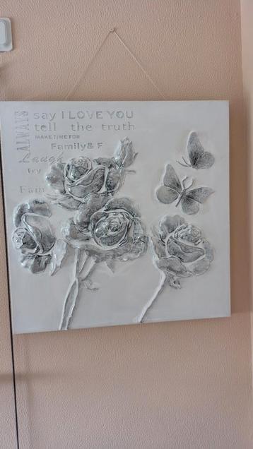 Schilderij met zilveren bloemen en leuke tekst 60 bij 60 cm beschikbaar voor biedingen