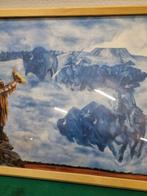 Schilderij prent indianen en buffels in houten lijst, Ophalen of Verzenden