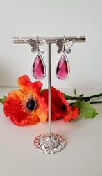 Zilverkleurig vlinder oorbellen rose-wit swarovski elementen, Nieuw, Met kristal, Hangers, Zilver