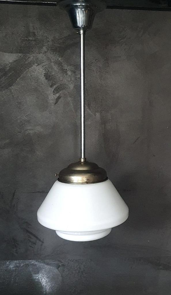 Vintage Art deco Glazen conische Hanglamp / schoollamp, Huis en Inrichting, Lampen | Hanglampen, Gebruikt, 50 tot 75 cm, Glas