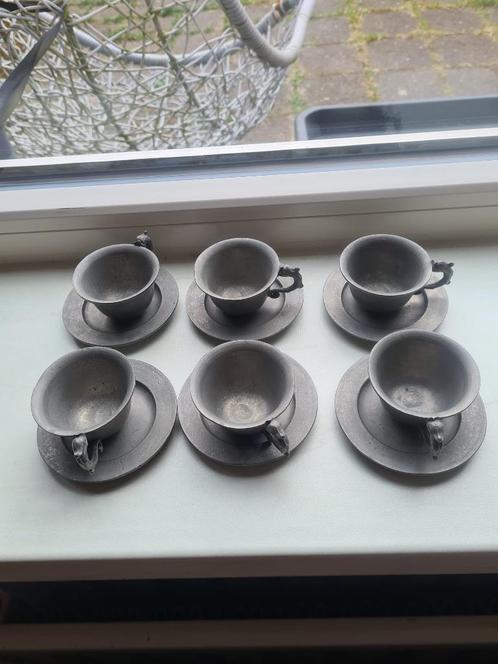 6 Tinnen kopjes en schotels, Antiek en Kunst, Antiek | Tin, Ophalen of Verzenden
