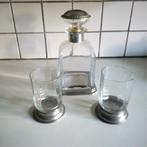 Whisky  karaf met tinnen basis en dop + 2 glazen, Ophalen of Verzenden, Zo goed als nieuw, Overige typen