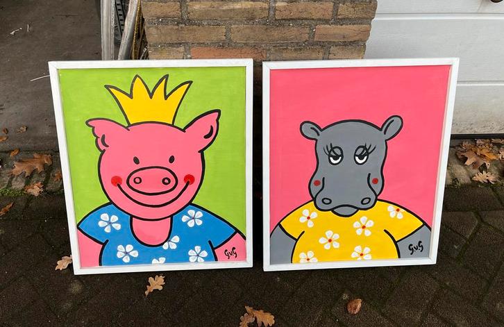 zelfgemaakte Schilderijen Varken met Kroon & Nijlpaard, Antiek en Kunst, Kunst | Schilderijen | Klassiek, Ophalen