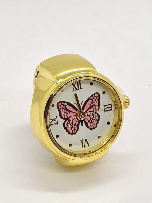 (56) Goudkleurig Retro Ringhorloge Met Roze Vlinder, Sieraden, Tassen en Uiterlijk, Ringen, Nieuw, Dame of Heer, Goud, IJzer of Staal