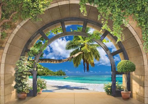 3D behang Doorkijk Strand en palmboom, Fotobehang4you, Huis en Inrichting, Stoffering | Behang, Verzenden