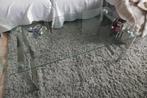 Glazen salontafel met metalen onderstel, Ophalen, Gebruikt, 100 tot 150 cm, 50 tot 100 cm