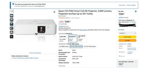 Epson CO-FH01 3LCD Projector (Full HD 1080p, 3,000 lumens wh, Audio, Tv en Foto, Beamers, Nieuw, LCD, Full HD (1080), Ophalen of Verzenden
