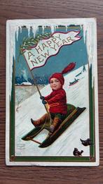 Nieuwjaar. Op de  slee de helling af. Reliëfkaart 1909, Ophalen of Verzenden, Voor 1920, Feest(dag)