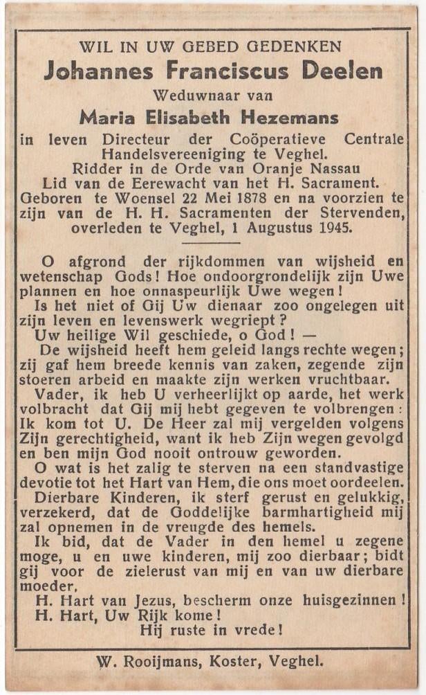 Johannes Fr. Deelen 1878 Woensel + 1945 Veghel, 67 jaar oud, Verzamelen, Verzenden