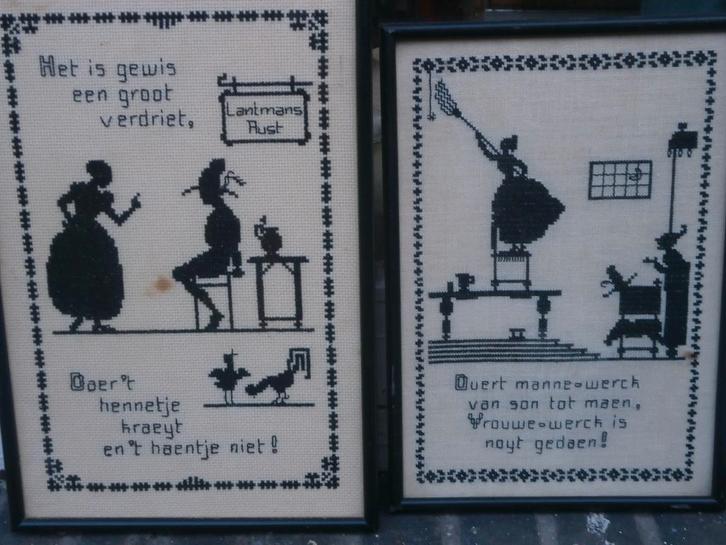 2 gehaakte schilderijtjes m dialectische tekst, Antiek en Kunst, Kunst | Schilderijen | Klassiek, Ophalen of Verzenden
