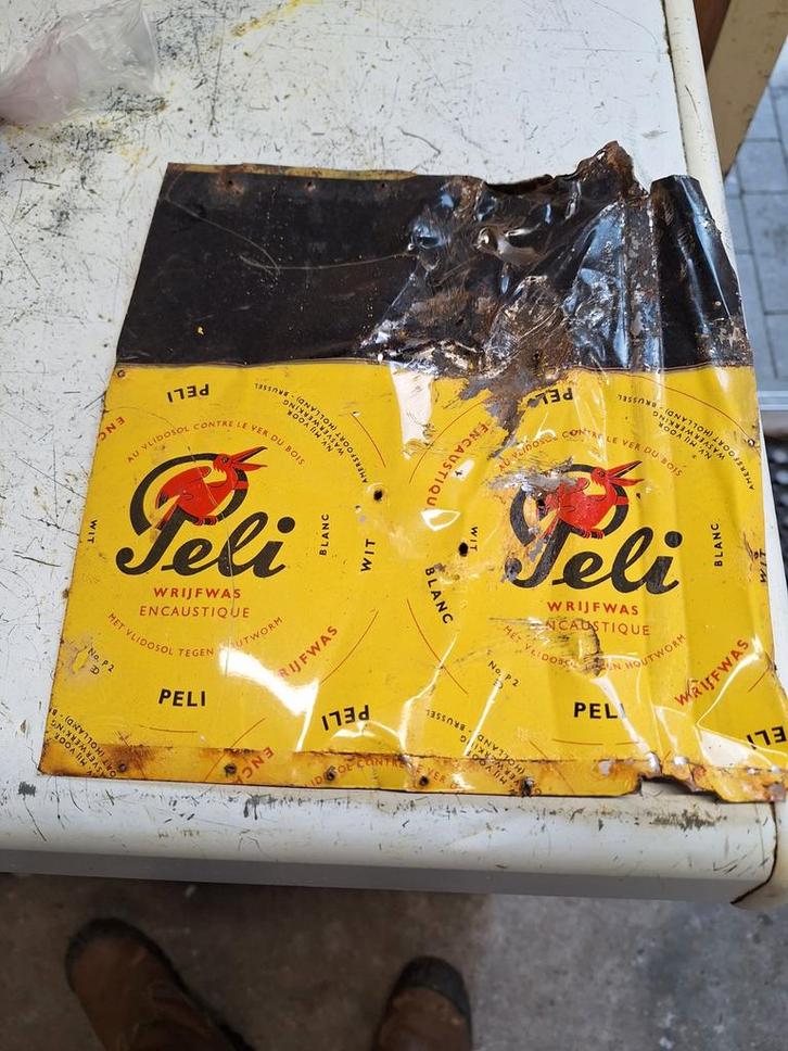 Brocante vintage Stansplaat blik boenwas Peli Wrijfwas, Verzamelen, Blikken, Gebruikt, Overige, Overige merken, Ophalen of Verzenden