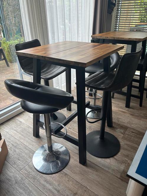 Statafels met barkrukken - Gebruikt, Huis en Inrichting, Barkrukken, Gebruikt, 90 cm of meer, Hout, 5 krukken of meer, In hoogte verstelbaar