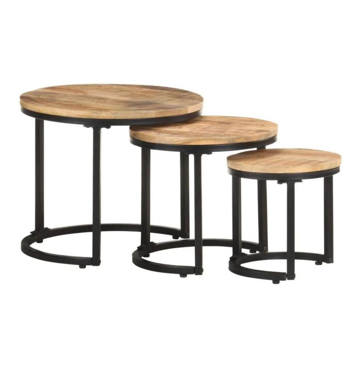 Bijzettafels 3 st ruw mangohout, Huis en Inrichting, Tafels | Bijzettafels, Nieuw, Rond, Hout, Ophalen of Verzenden