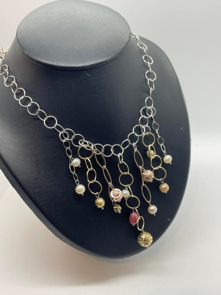 C7 Prachtige zilveren ketting tricolor parel kralen, Ophalen of Verzenden, X, Zilver, Zilver