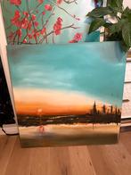 Modern Landschap Olieverf 1x1m - Turquoise & Oranje, Antiek en Kunst, Ophalen