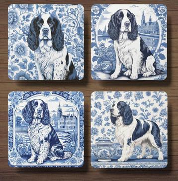 Engelse Springer Spaniël Delfts Blauw onderzetters + houder beschikbaar voor biedingen