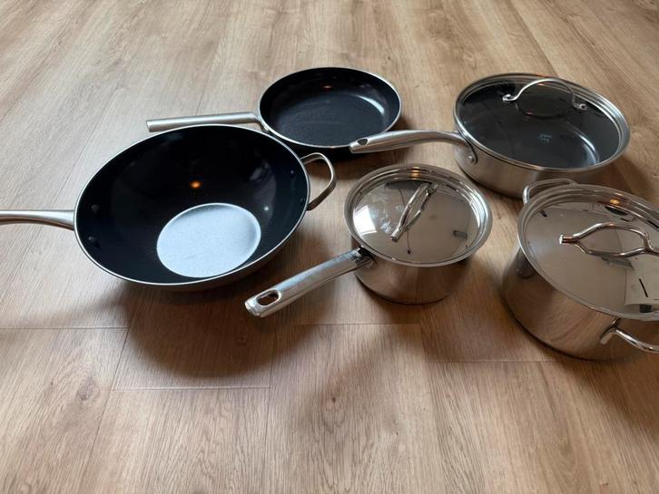 Pannenset BK/Greenchef/GreenPan, Huis en Inrichting, Keuken | Potten en Pannen, Zo goed als nieuw, Pannenset, Rvs, Ophalen