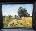 Boerderij met korenstoven. Olie/doek. 60/50 cm., Huis en Inrichting, Ophalen, Zo goed als nieuw, Schilderij, 50 tot 75 cm