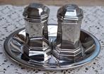 Brocante verzilverd peper & zout stelletje + onderschaaltje, Ophalen of Verzenden