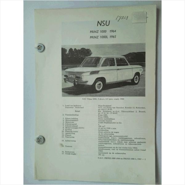 NSU Prinz 1000 1000L Vraagbaak losbladig 1965 #2 Nederlands, Ophalen of Verzenden, Gelezen, Overige merken