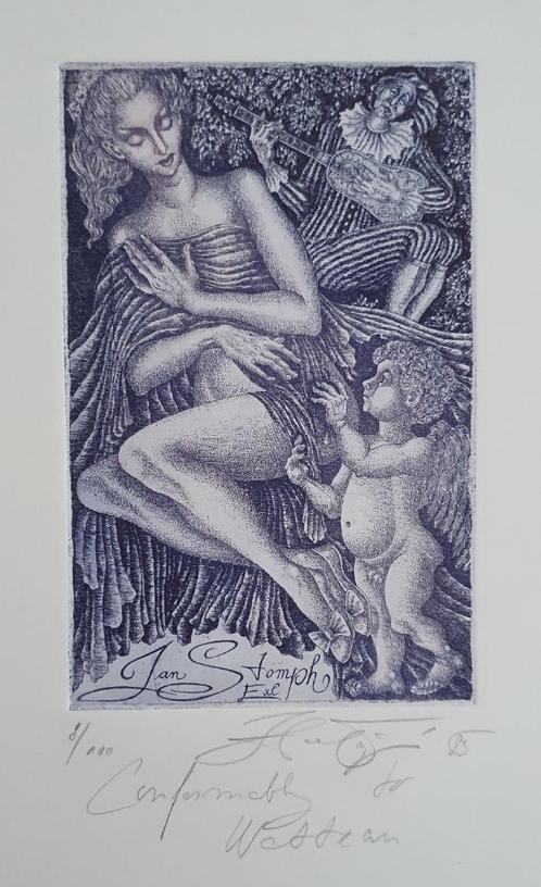 Exlibris /Ex libris H. Capova, vrouw met o.a. cherubijntje, Antiek en Kunst, Kunst | Etsen en Gravures, Verzenden